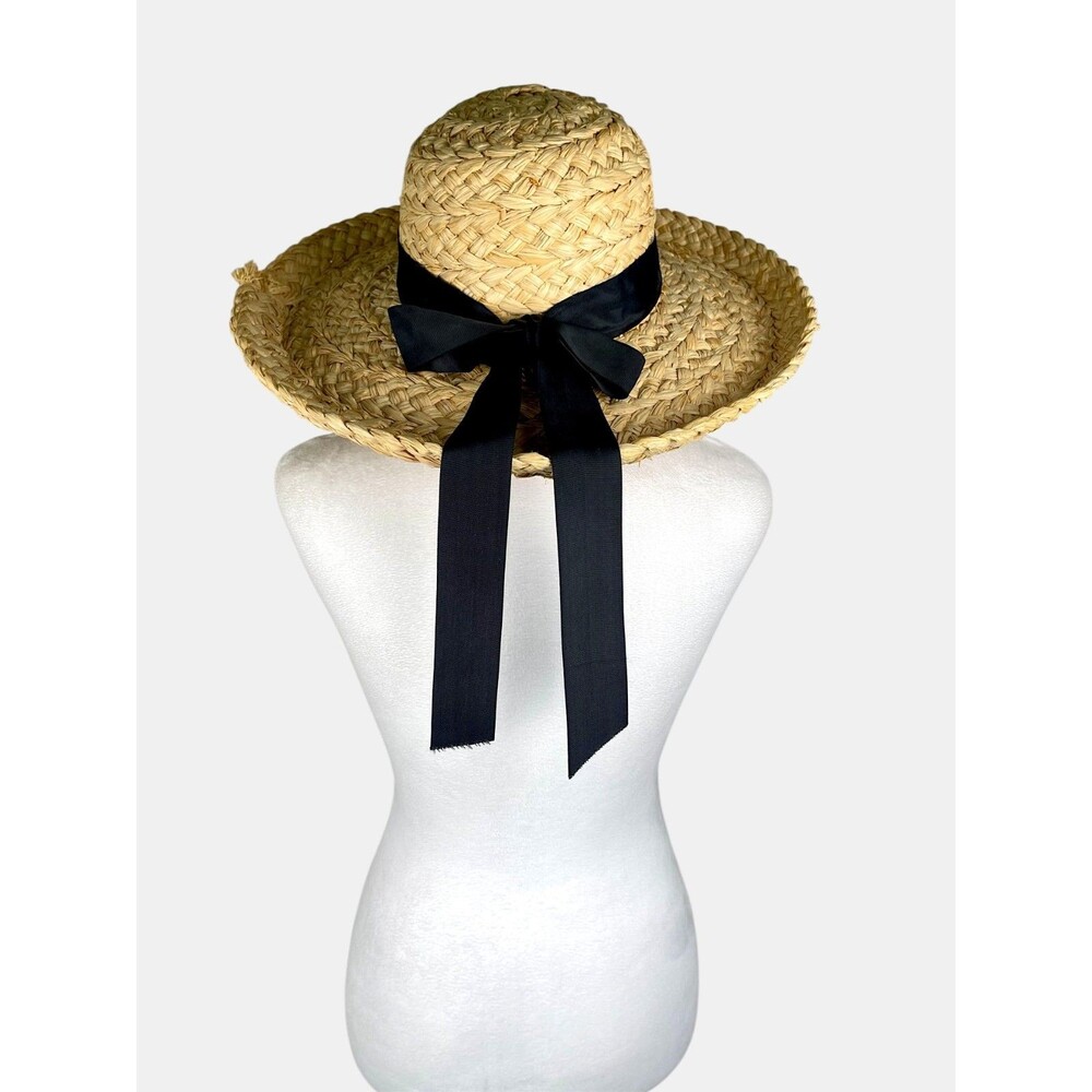 Vintage 80s/90s Jennifer Moore Woven Straw Hat Wide Brim Black Bow Cottagecore